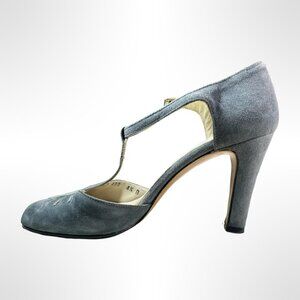Ferragamo Blue-Gray Suede T-Strap Pumps, Size 4 1/2, never worn